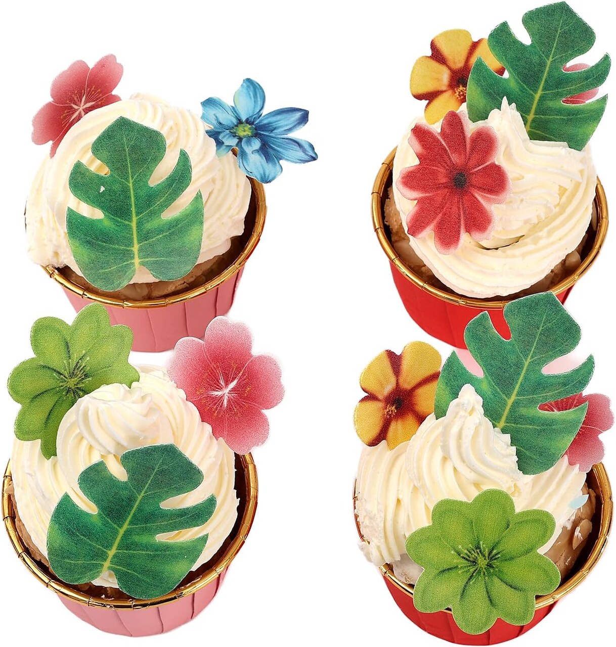 83pcs Edible Monstera Tropical Leaves Flowers Cake Toppers Tropical Palm Leaves Flowers Cupcake Toppers Decorations for Jungle Hawaii Theme Baby Shower Kids Birthday Party Supplies